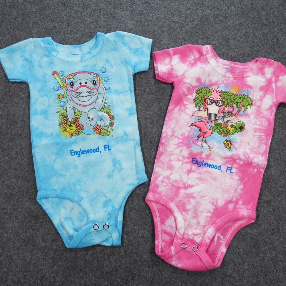 Art On Ts Englewood FL Tie Dye Flap Mouth Bodysuits Manatee Flamingo 6M Set of 2